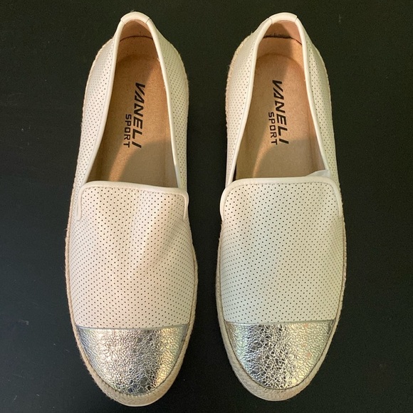 Vaneli Sport Qalila White Perforated Leather Silver Toe Cap Slip On Sneakers 6M - Picture 1 of 10
